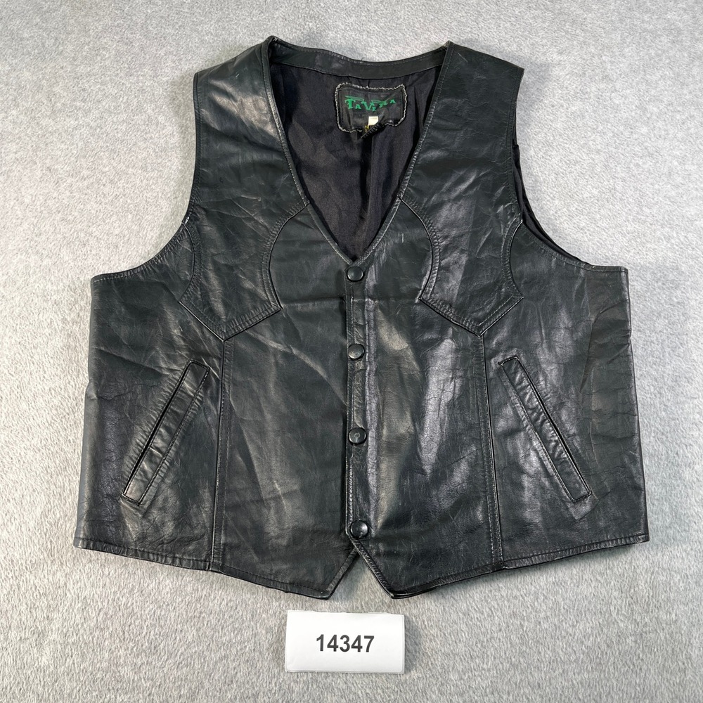 Tavera Genuine Leather Biker Vest Mens 44 Black Western Sleeveless Snap Front